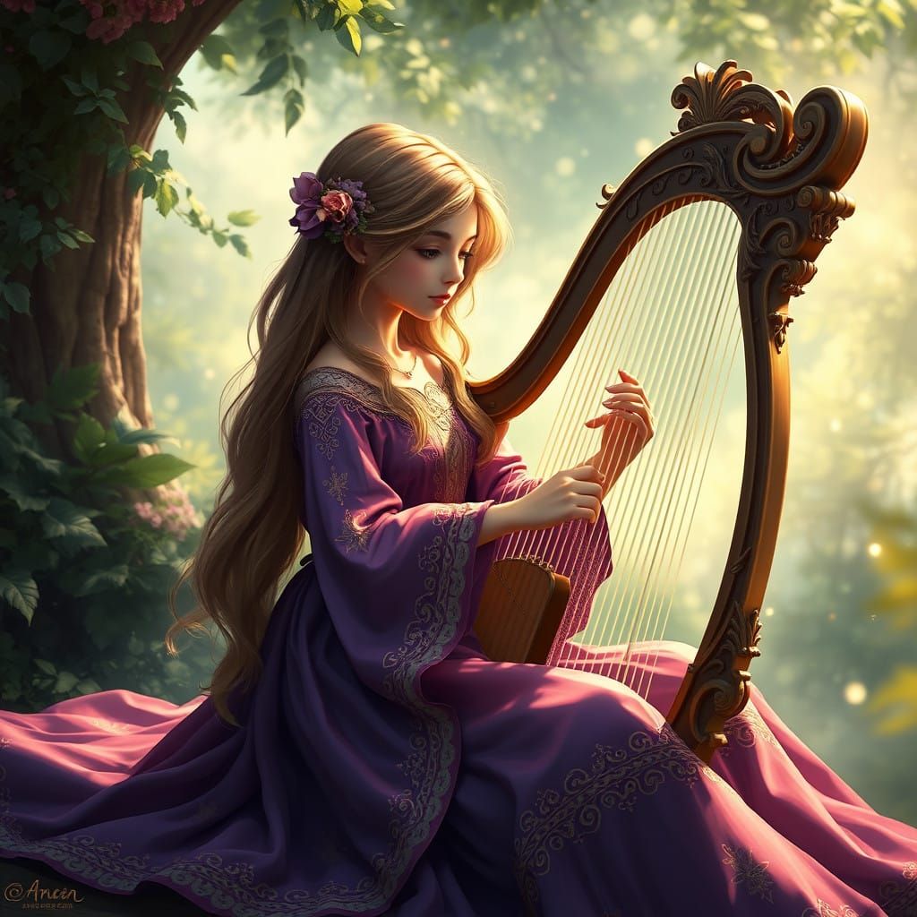 Ethereal Fantasy Maiden Plays Harp in Enchanted Forest