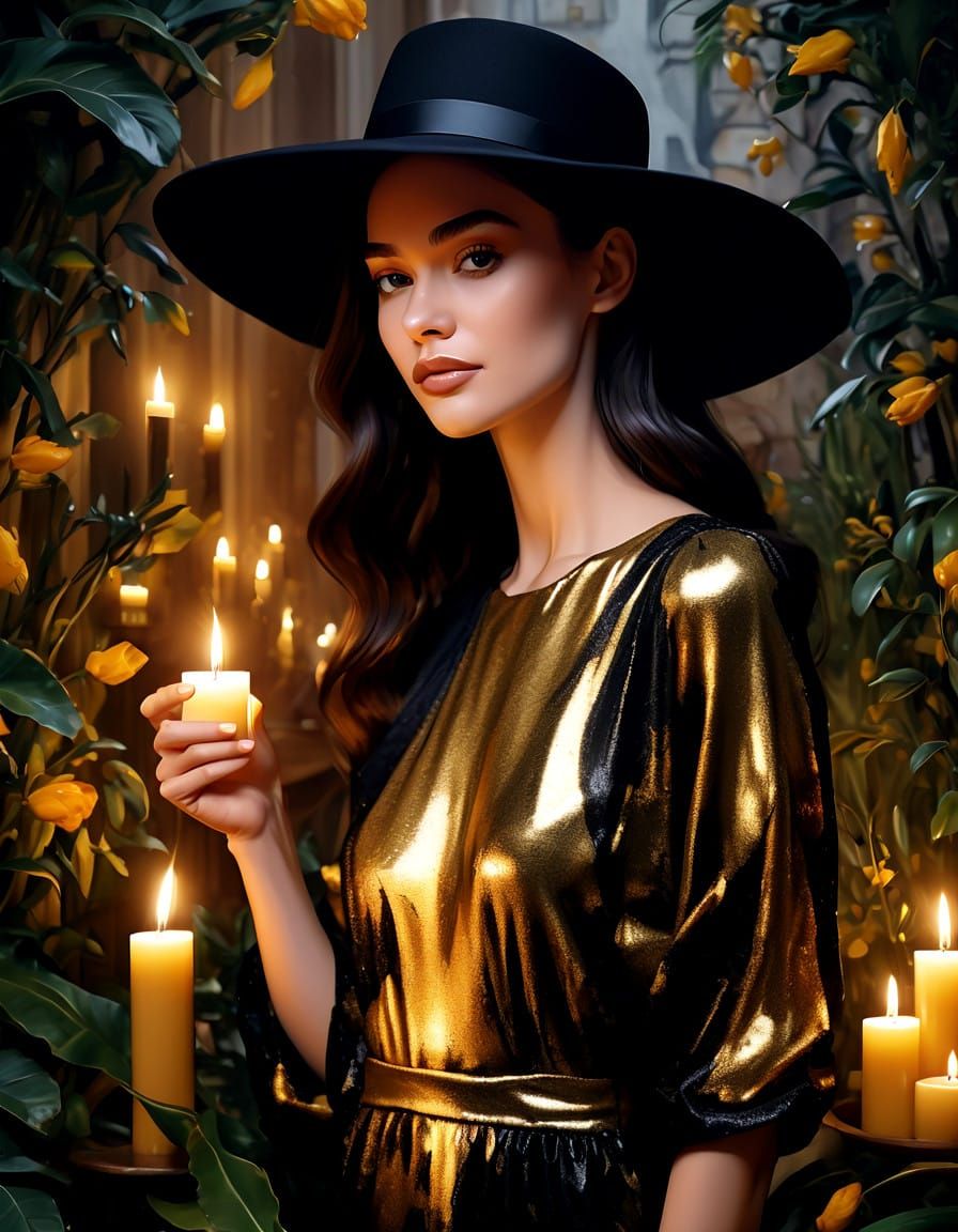 Elegant Woman in Candlelit Garden