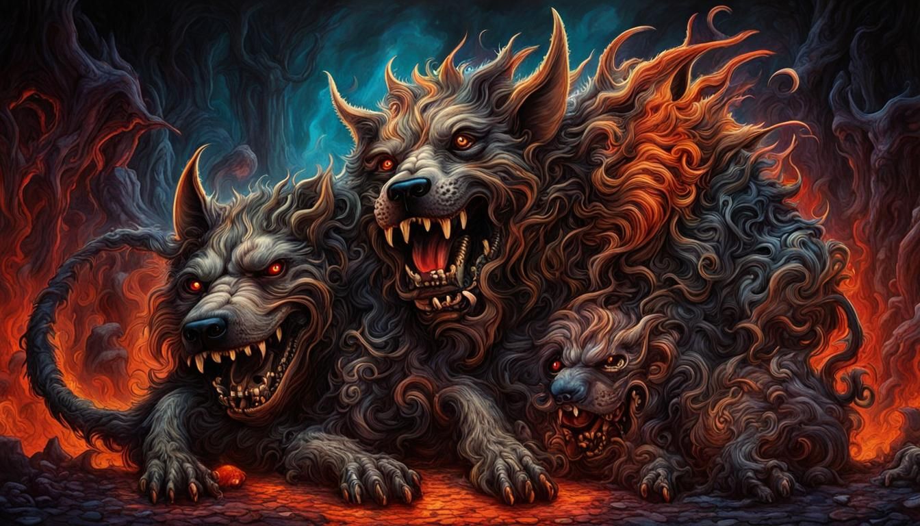 Cute Cerberus Belly Rub: Mythical Dream Scene