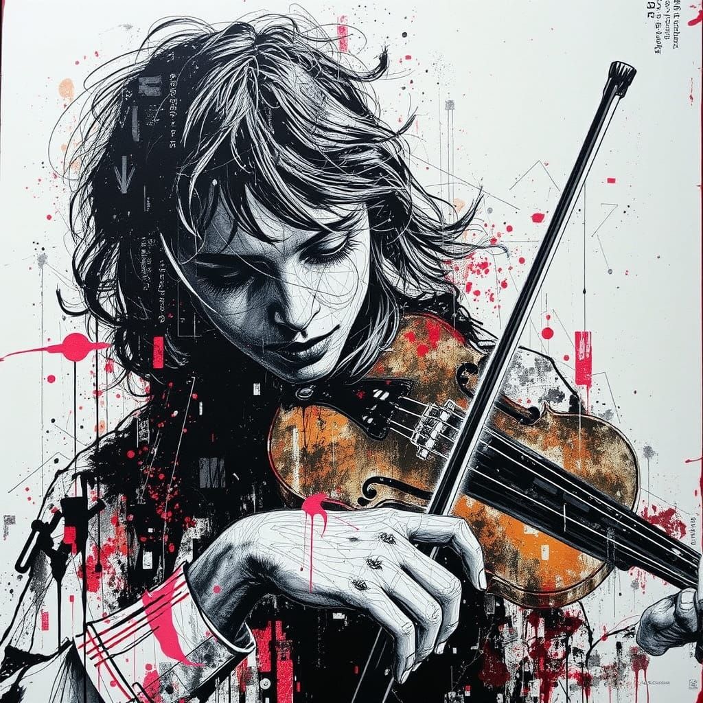 Glitchcore Violinist in Distressed Portrait
