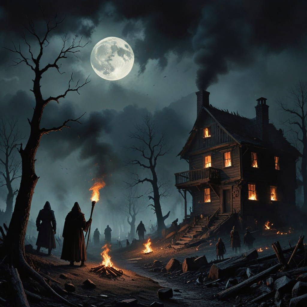 Grotesque Torch-Lit Mob Scene: A Witch Hunt
