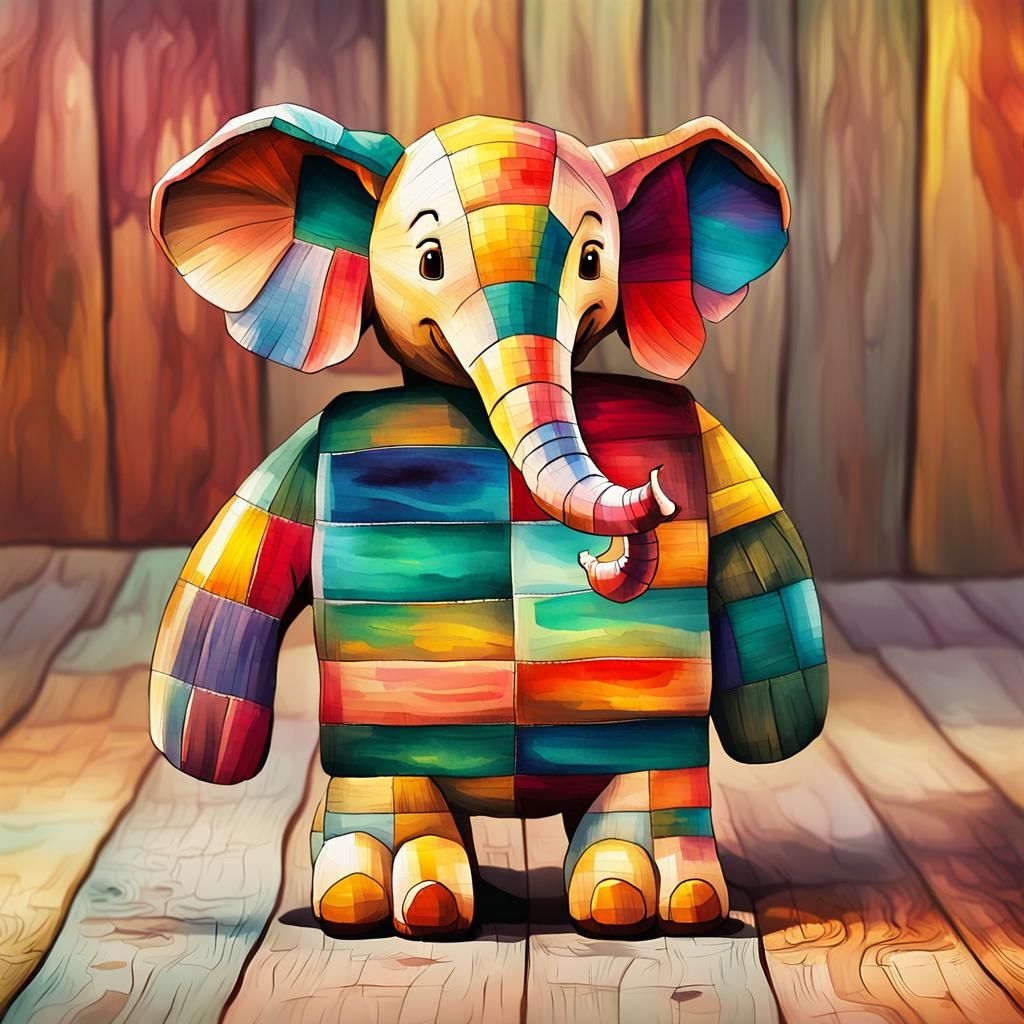 Patchwork Elephant Tumbles: Whimsical Watercolor Concept Art