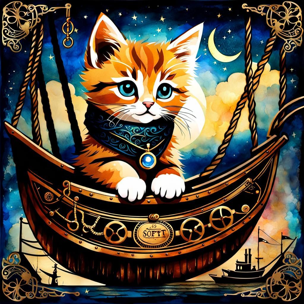 Steampunk Whimsy: A Kitten's Glimpse of the Moonlit Sea