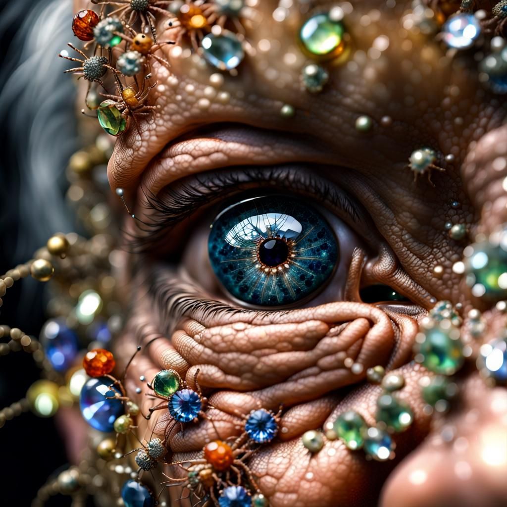 Bejeweled Spiders and Mites on Woman's Face