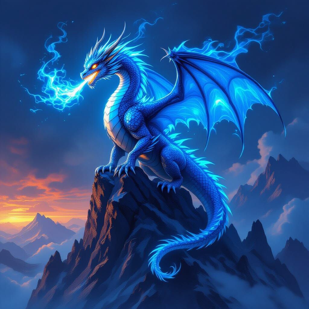 Blue Fire Dragon on Obsidian Peak