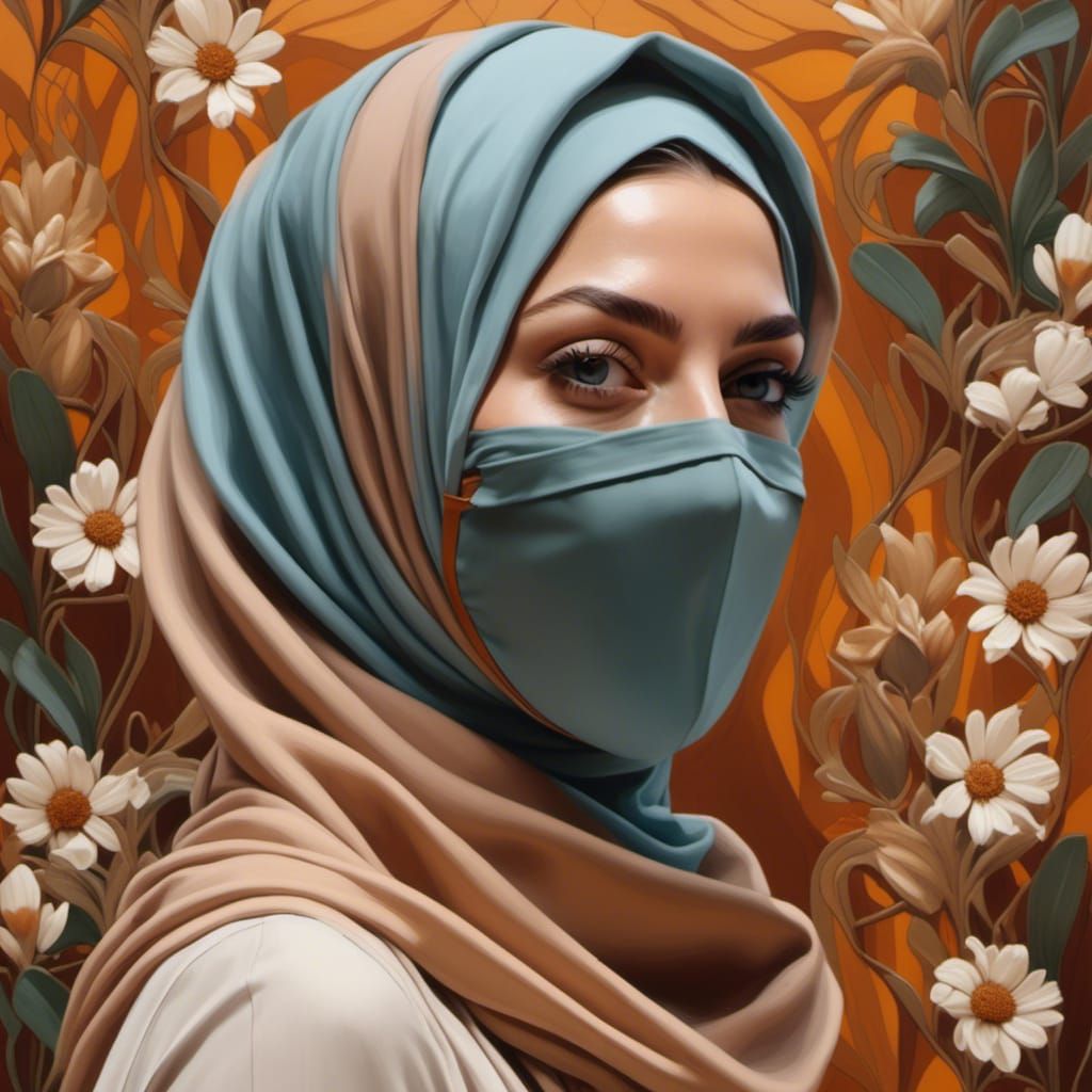 Masked Woman in Hijab Oil Painting