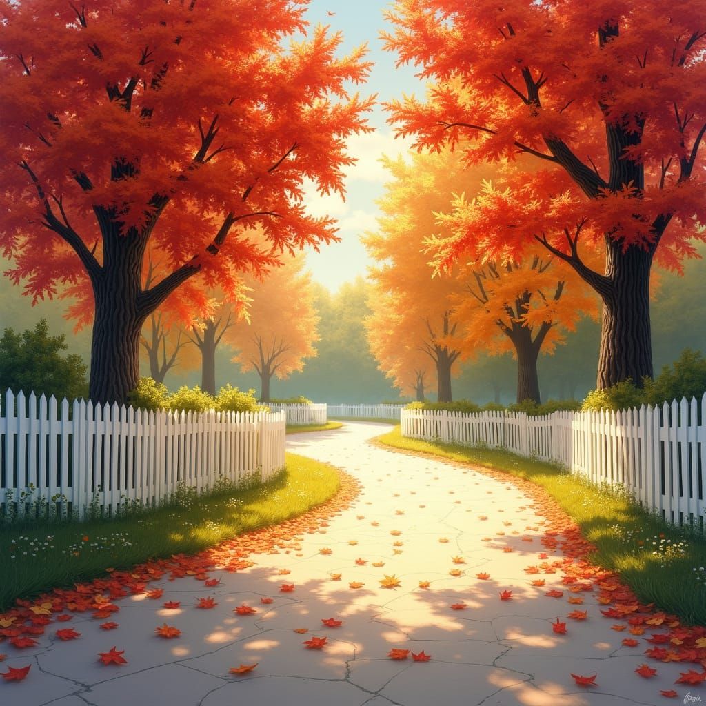 Idyllic Path with Autumn Leaves in Impressionist Style