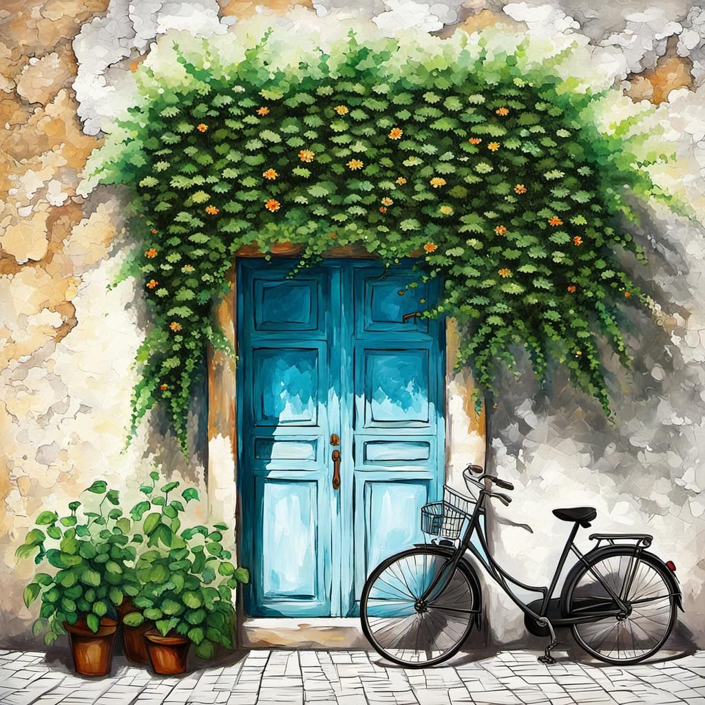 Bicycle and Flowered Door: Detailed Matte Painting