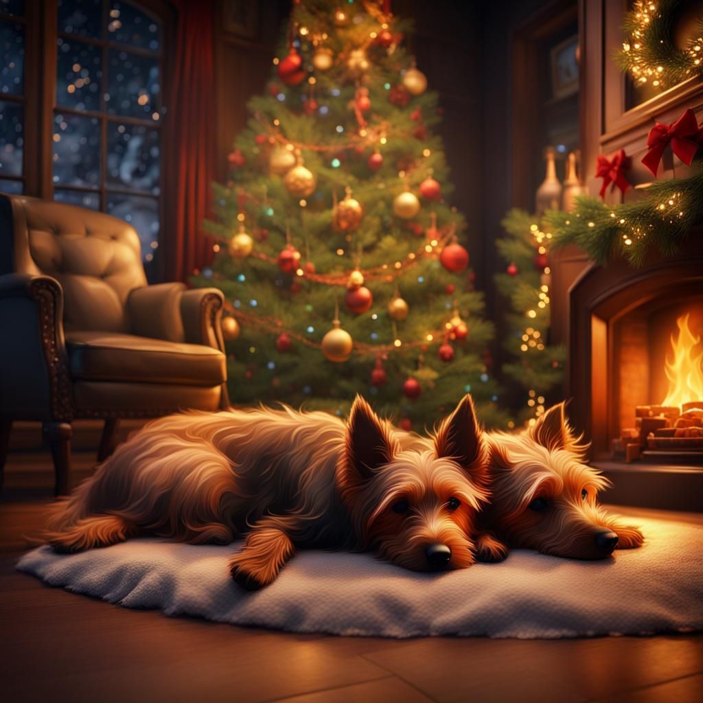 Australian Terriers Snug on Christmas Night