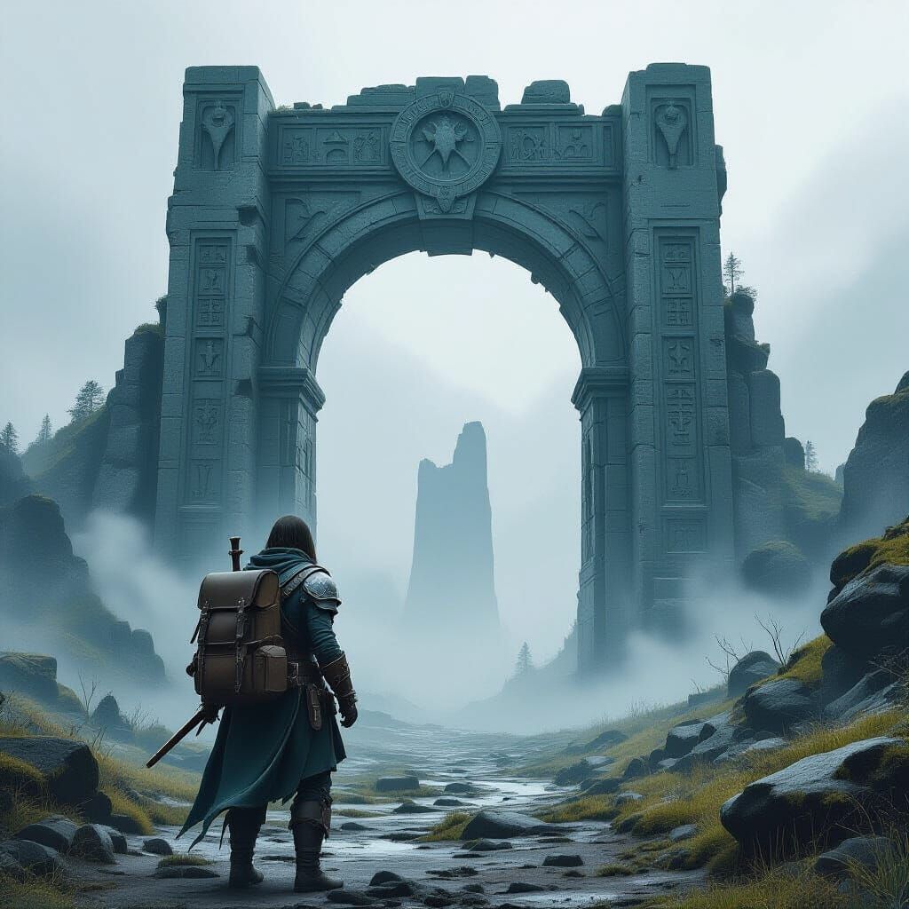 Adventurer Before Ancient Archway in Mystical Landscape