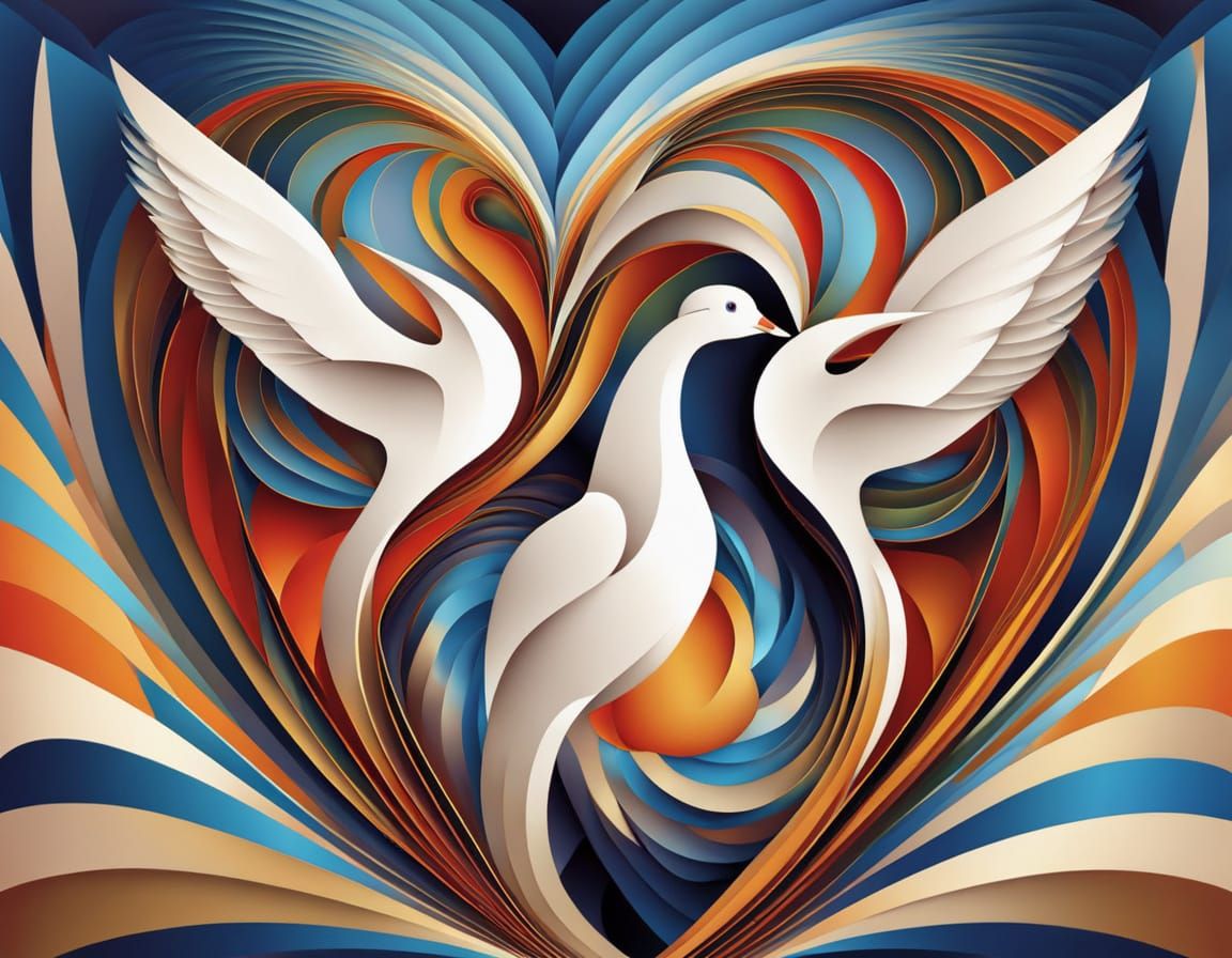 Abstract Doves Form Heart in Cubist Landscape