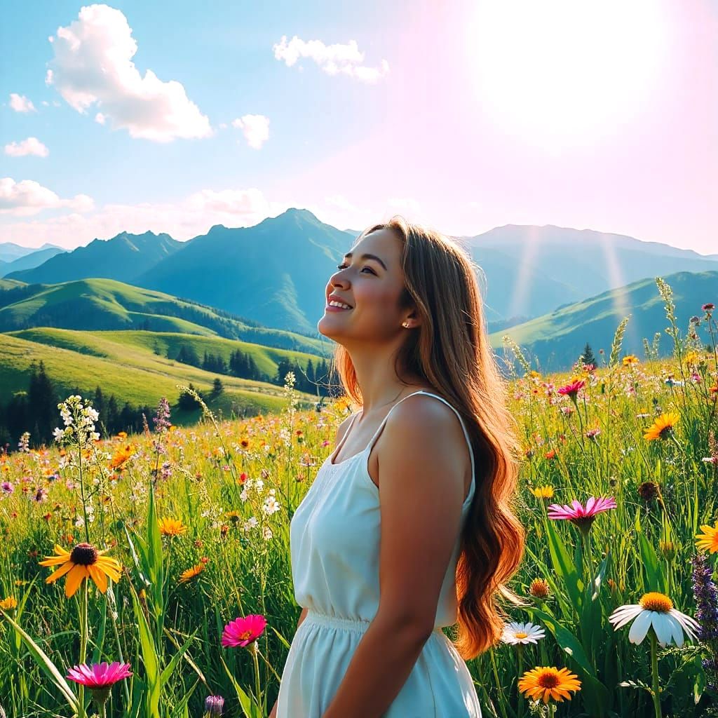 Radiant Vibrant Expressionist Painting of Fields and Mountai...