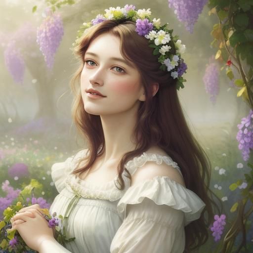 Lady Hyacintha in Garden, Romantic Realism Style