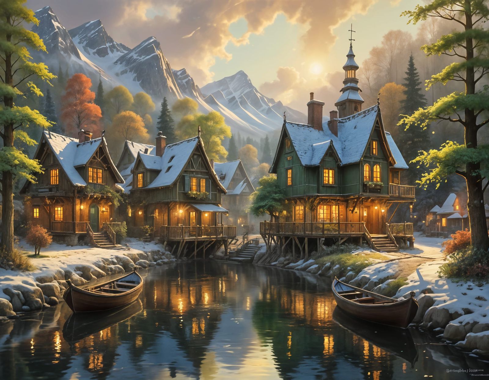 Surreal Winter Village on a Serene Lake in a Vibrant Cyberpu...