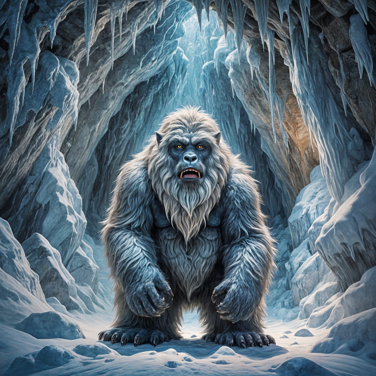 Hyperrealistic Yeti in a Detailed Snow Cave