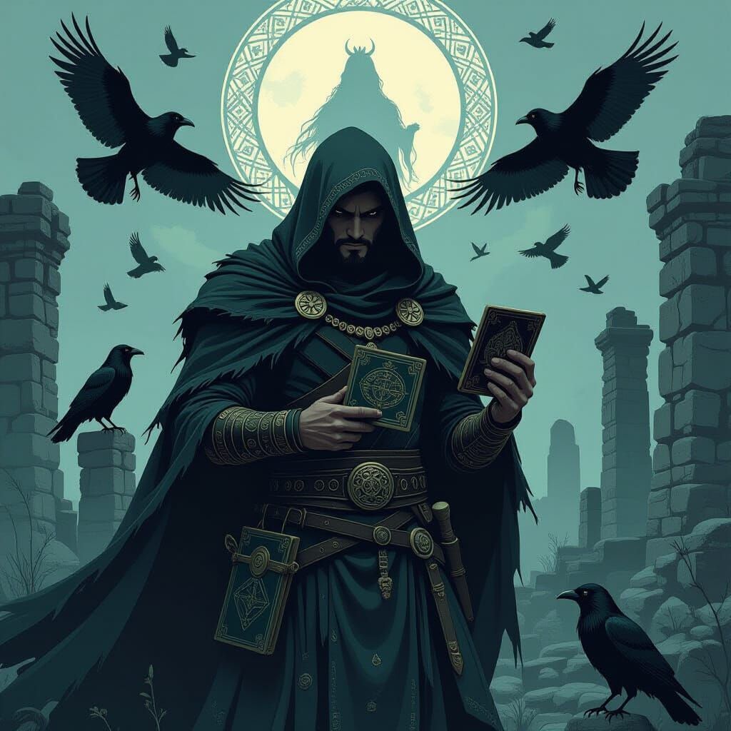 Celtic Warrior, Morrigan, and Ravens in Dark Fantasy Style