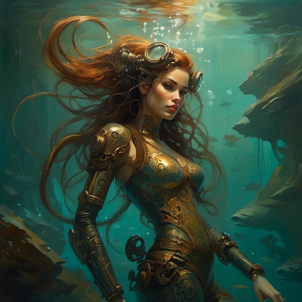 Steampunk Mermaid with Tattoos in Underwater Cavern