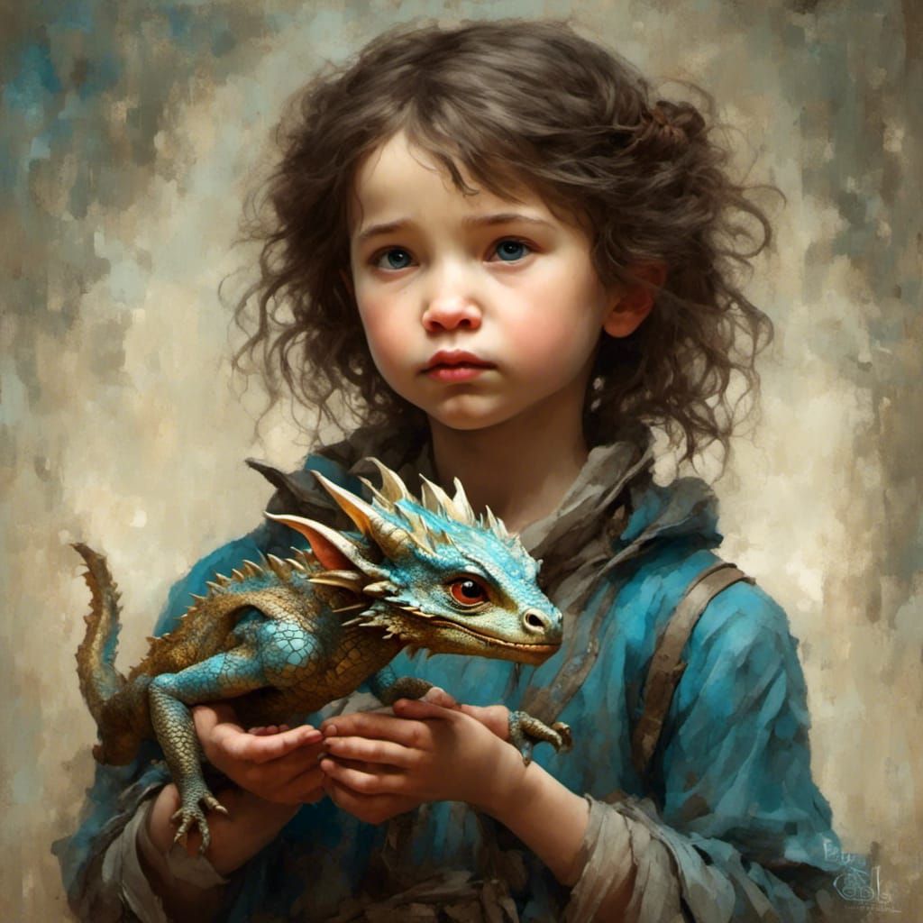 Girl Protectively Cradles Tiny Dragon: Hyperrealistic Art