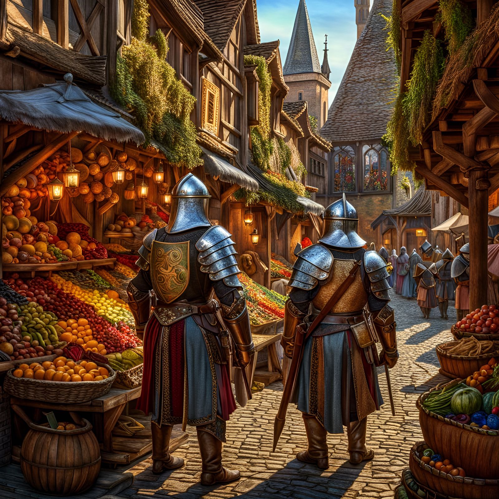 Knights patrolling a Medieval market.