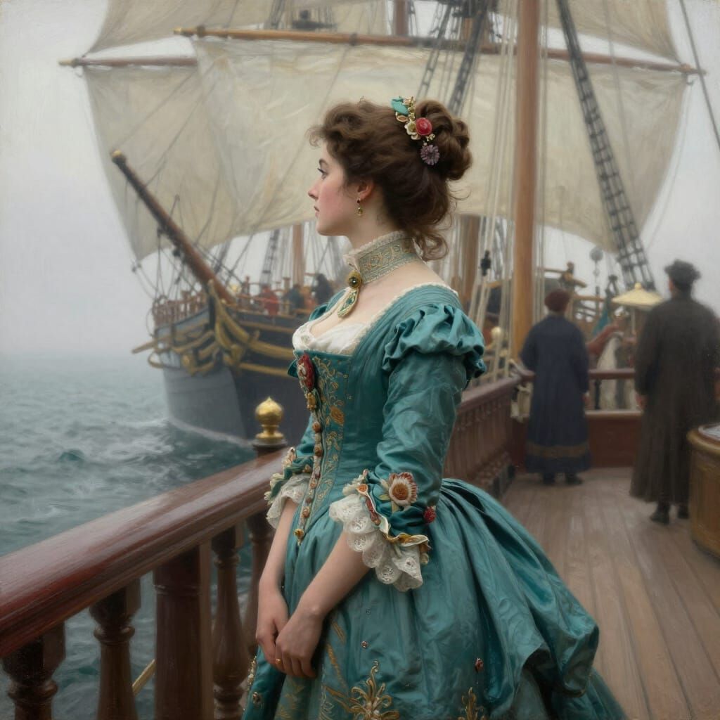 Elegant Woman in Teal Gown on Ship Deck Gazing at Sea
