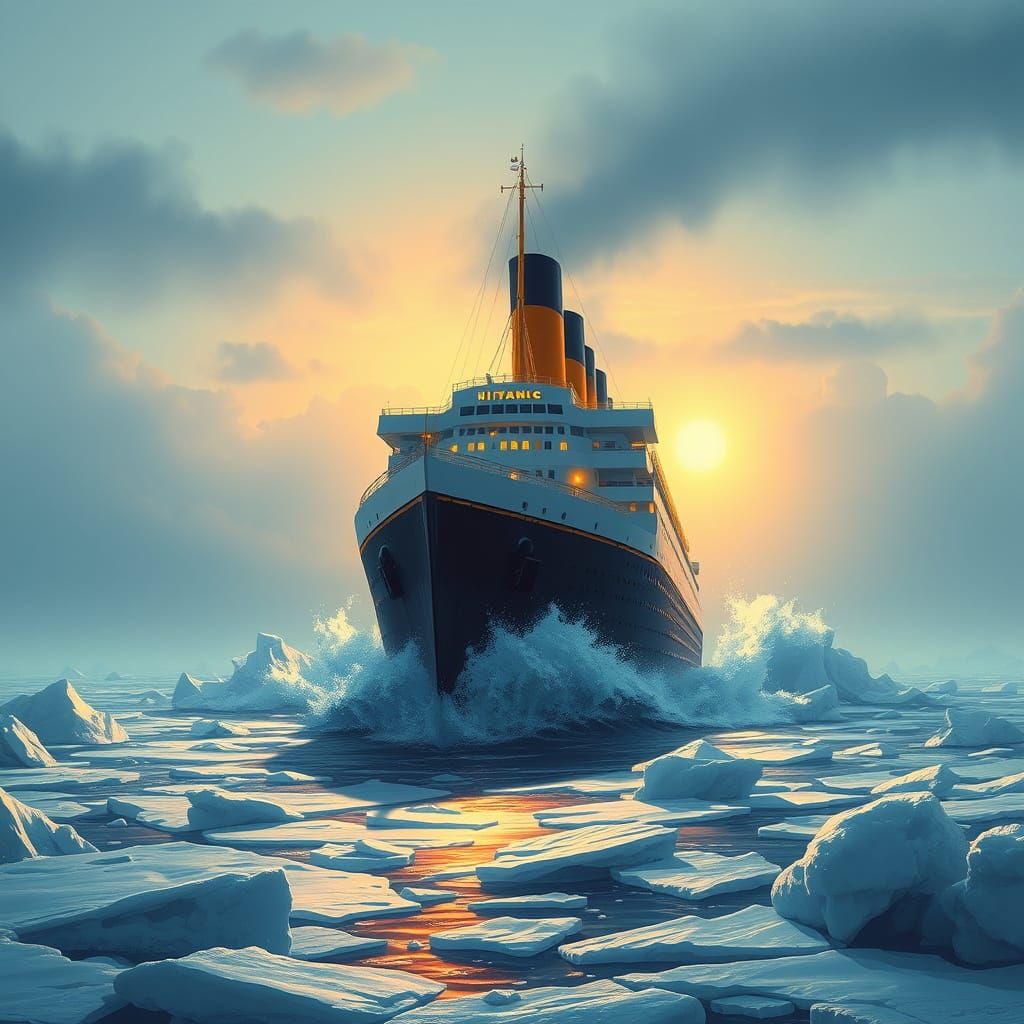 Titanic Ship Breaks Through Icy Waves in Atmospheric Sunset ...