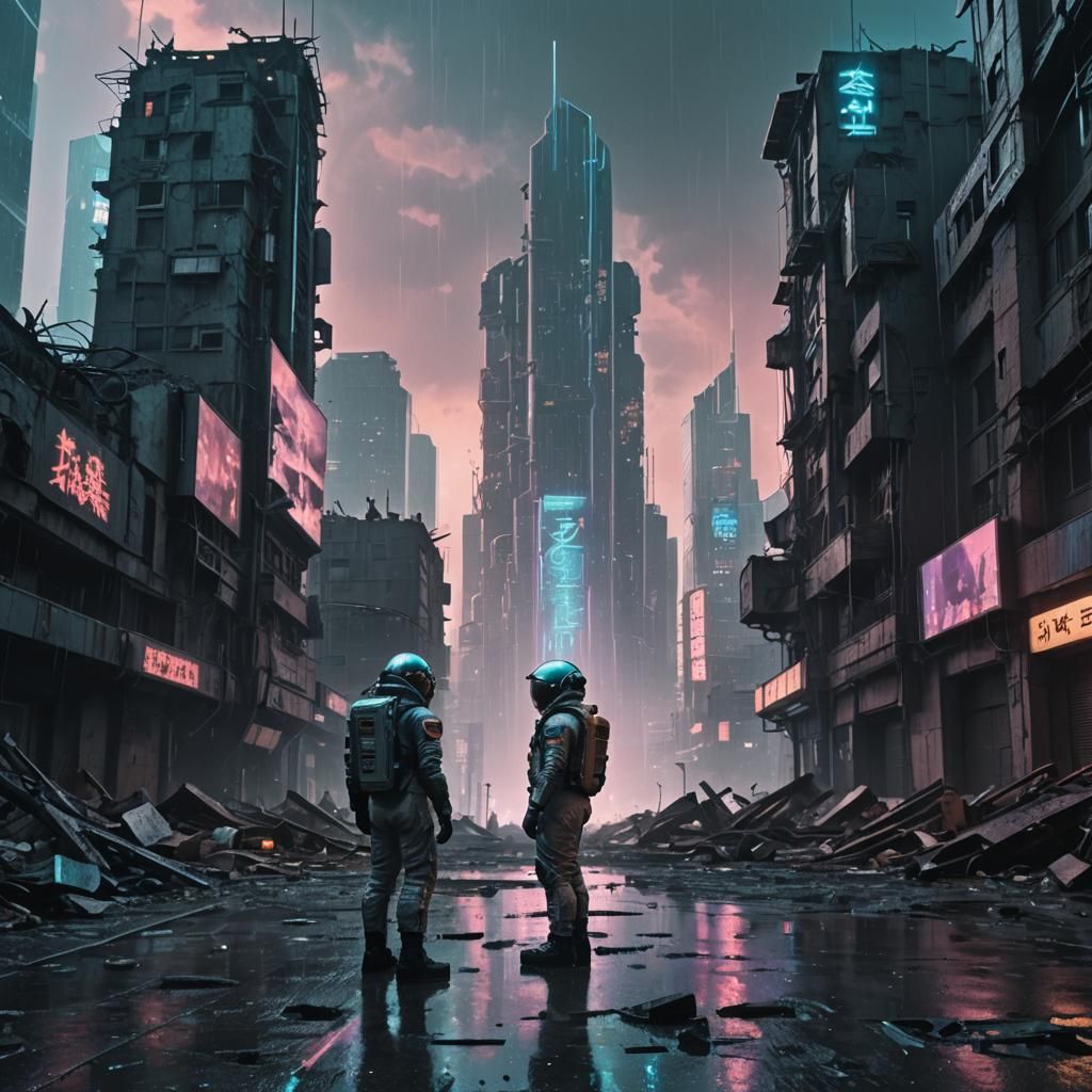 Astronaut in Cyberpunk City Ruins at Night