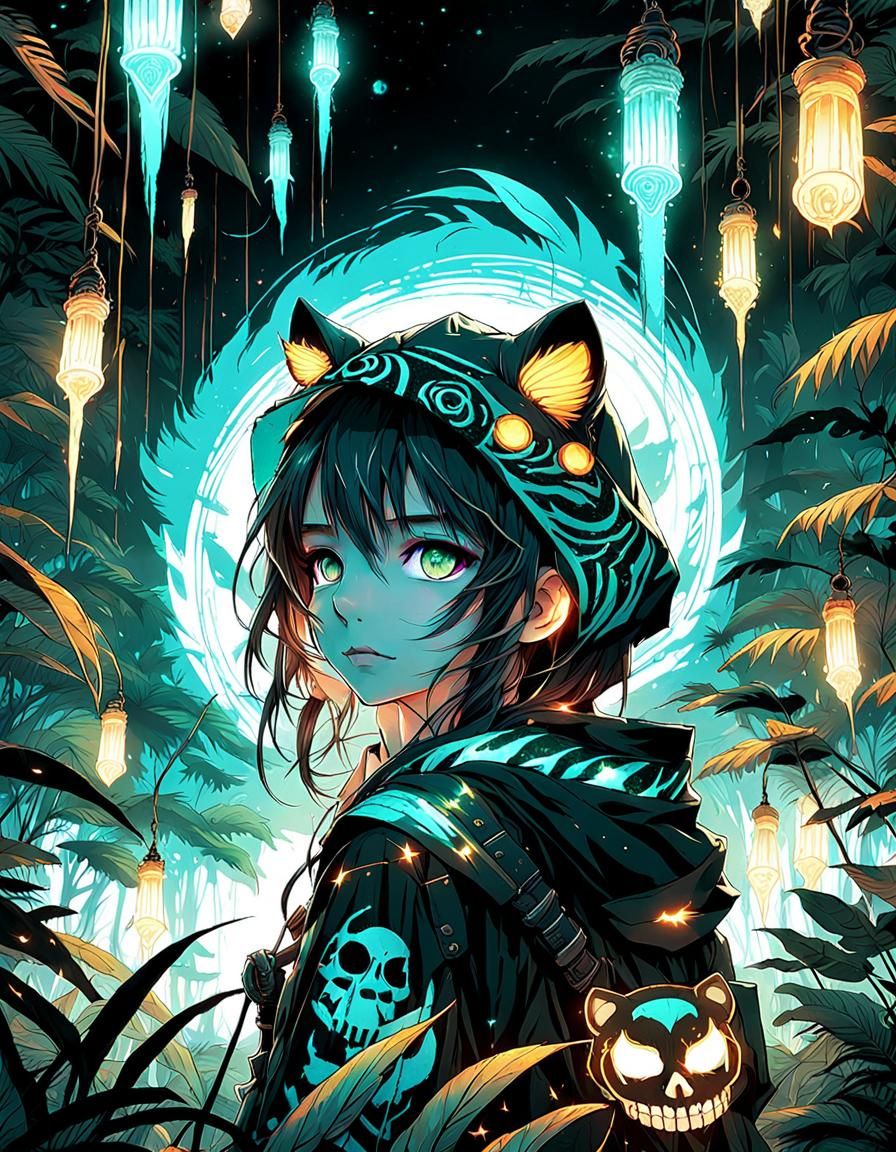 Chibi Tigress in Bioluminescent Jungle, Anime Style
