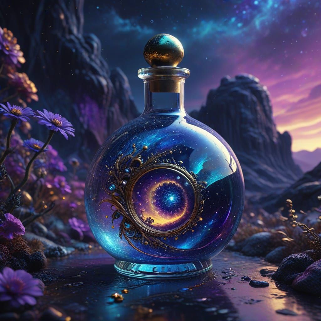 Ethereal Glass Vessel Holds a Majestic, Swirling Cosmos in a...