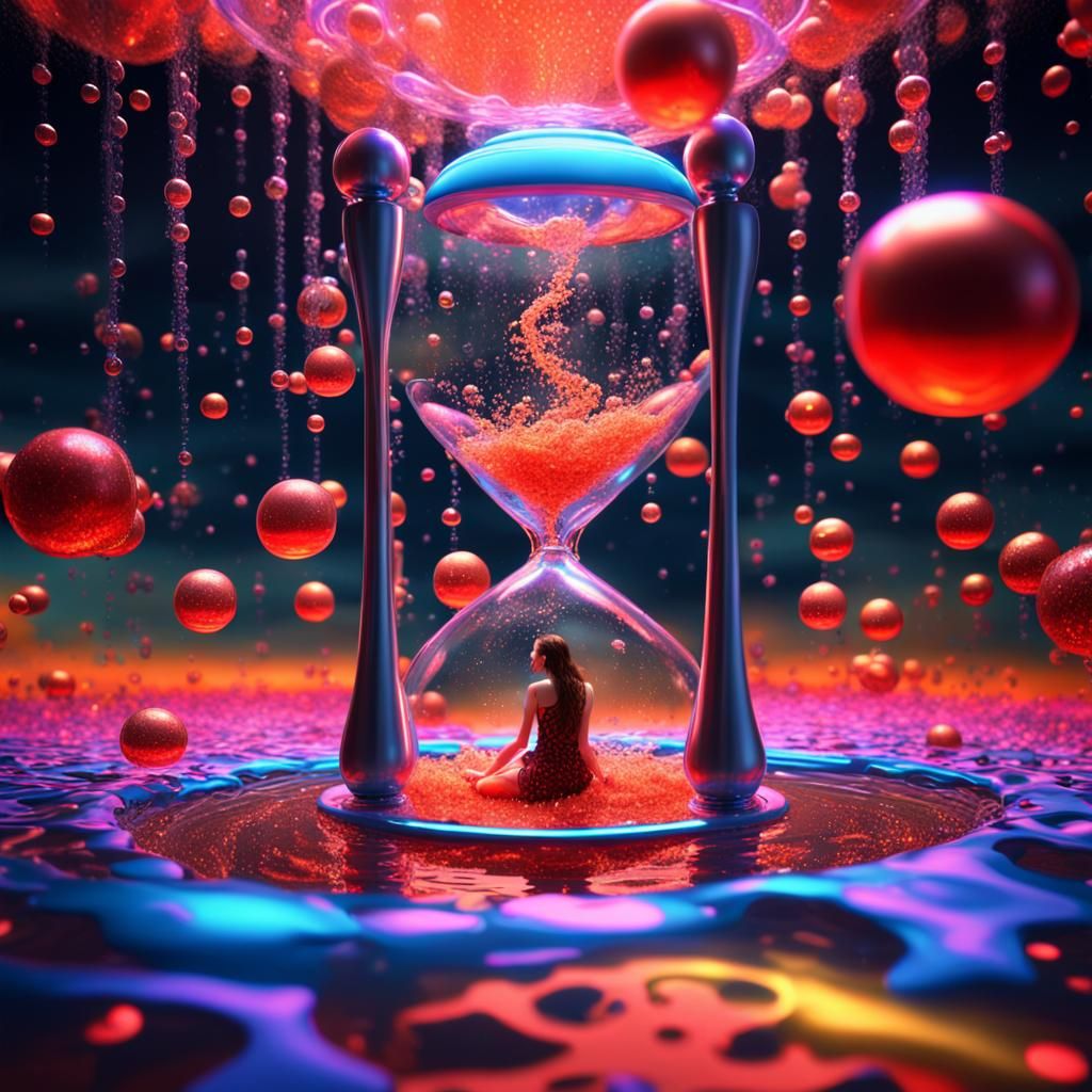 Hourglass in Neon Bubbles, Klimt-Inspired Dark Fantasy