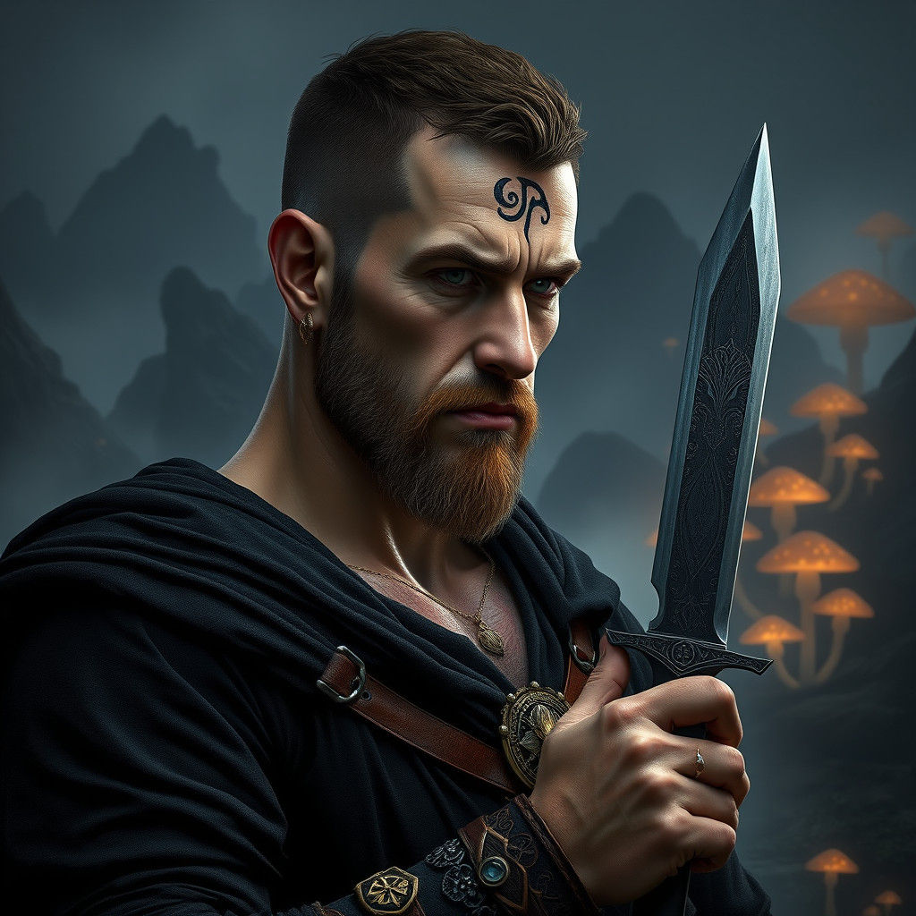 Mysterious Man with Rune Tattoo in Dark Fantasy Style