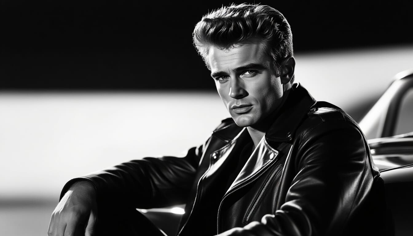 James Dean Leaning on Car, Black and White Photo