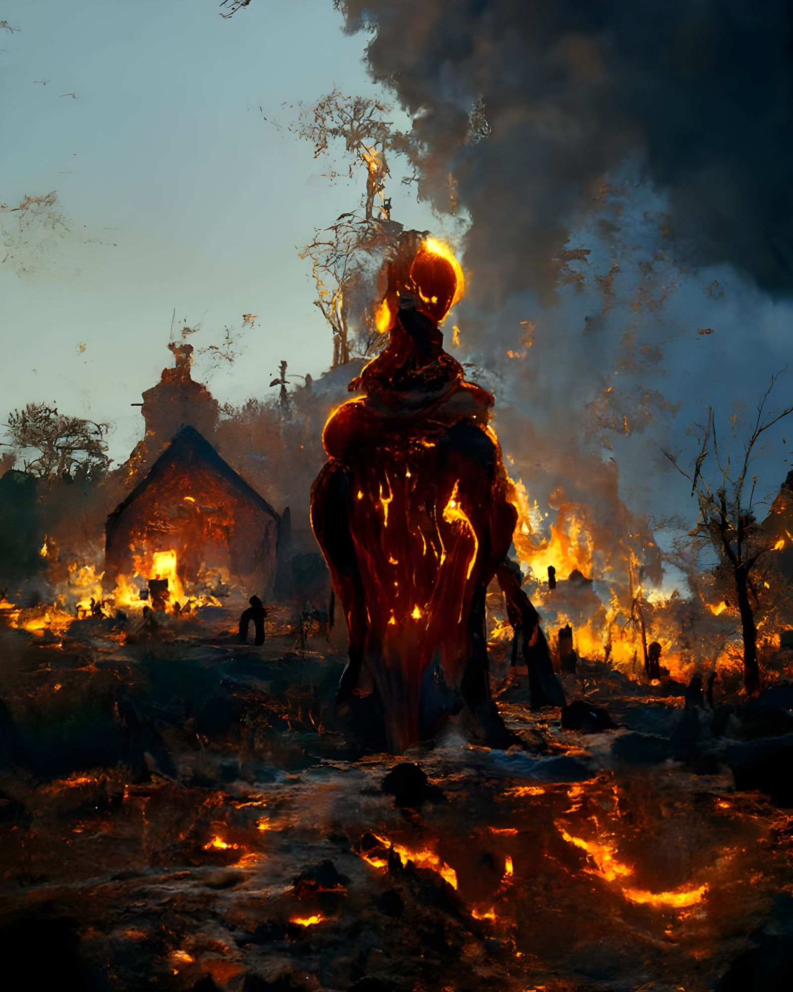 Terrifying Honey Being in Burning Village, Dark Art