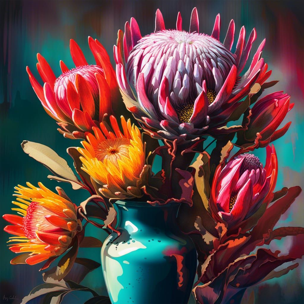 Colorful Protea and Wildflower Still Life in Graffiti Art