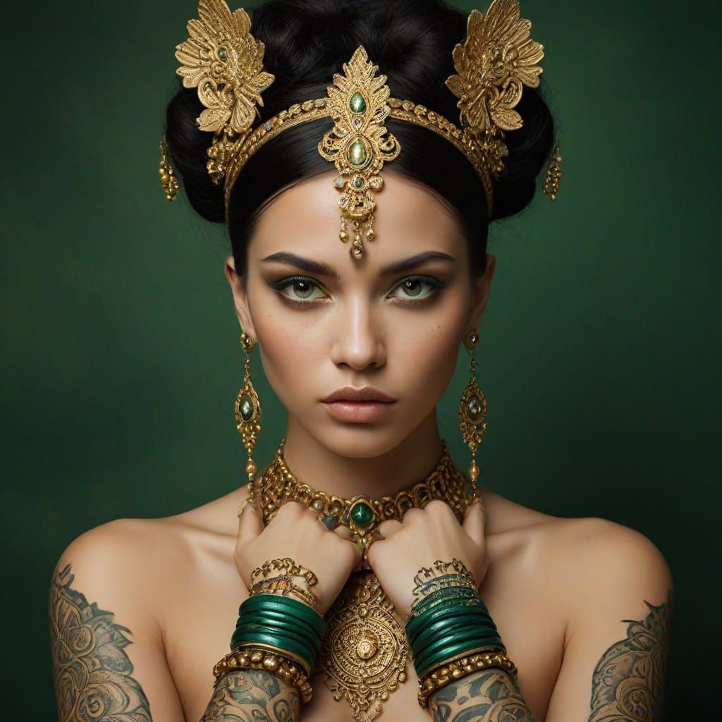 Regal Figure with Gold Body Art and Emerald Hues