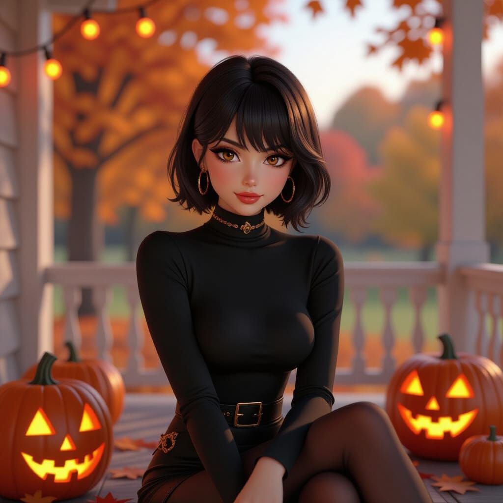 Sassy Anime Lady on Autumn Porch in 8k