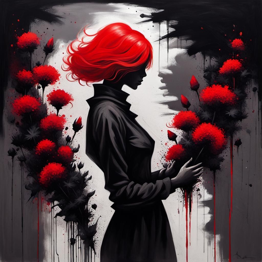 Enigmatic Red Silhouette with Black Flowers in Dark Fantasy ...