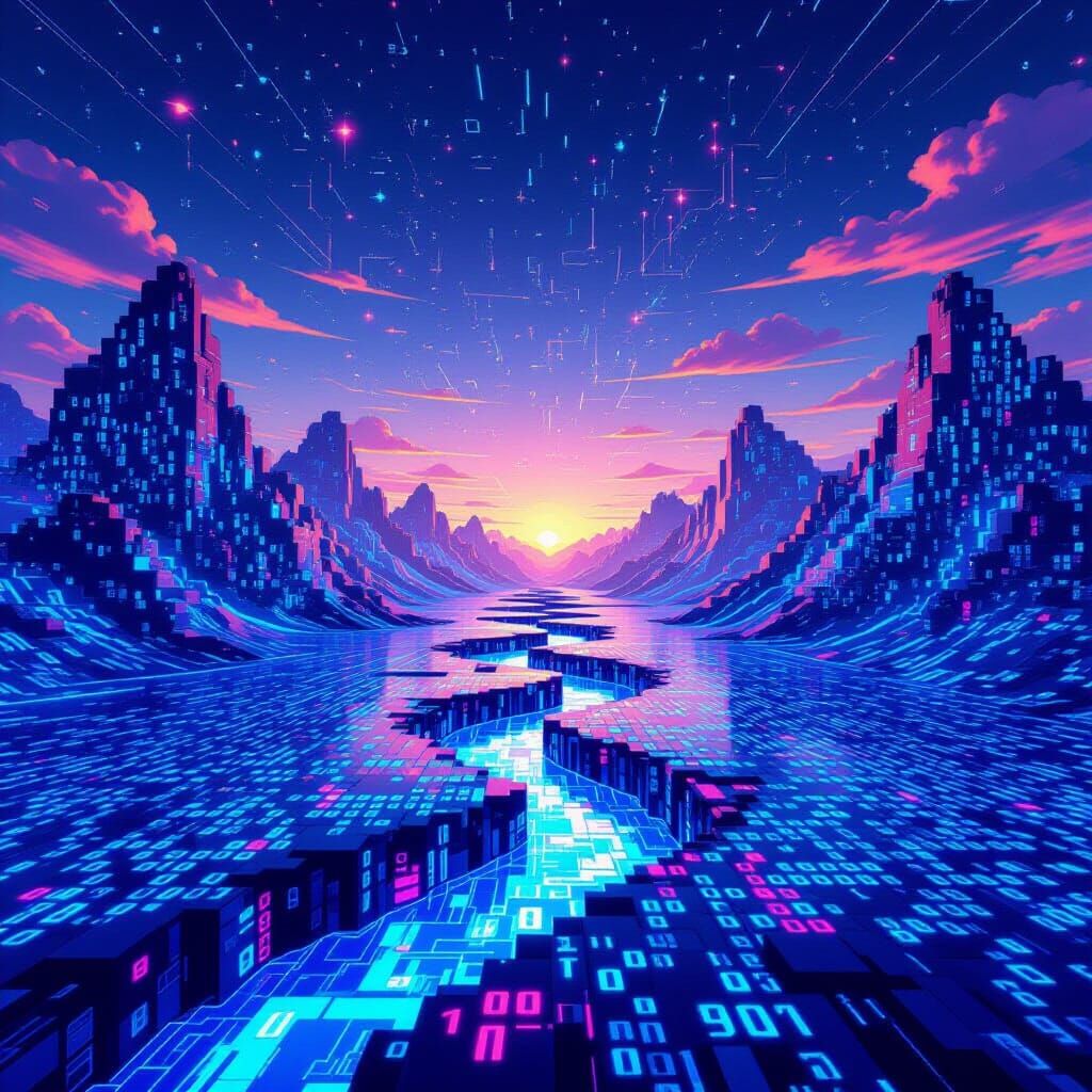 Surreal Digital Landscape of Binary Code and Data Mountains