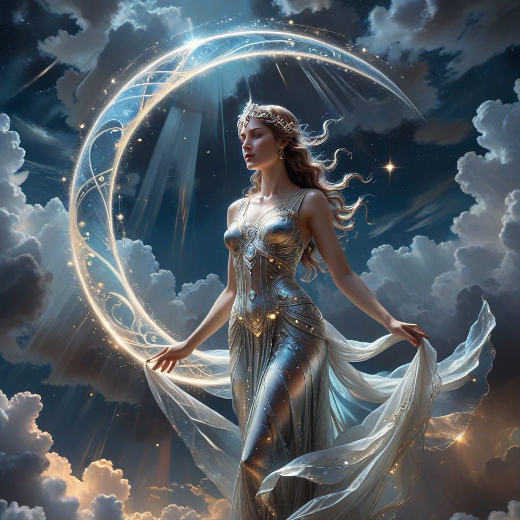 Holographic Goddess of Light in Ethereal Cloudscape
