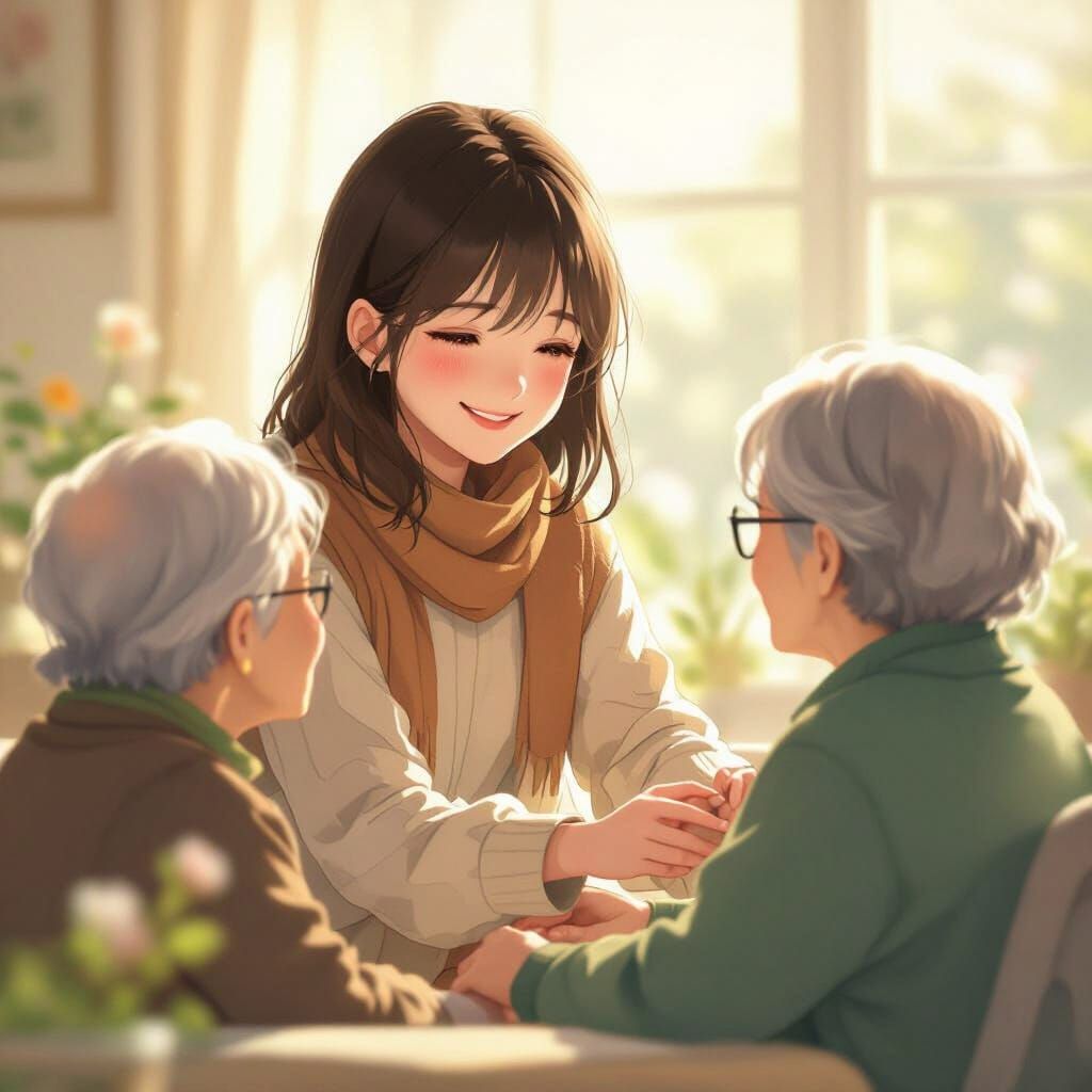 Compassionate Girl Helps Elderly, Anime Style