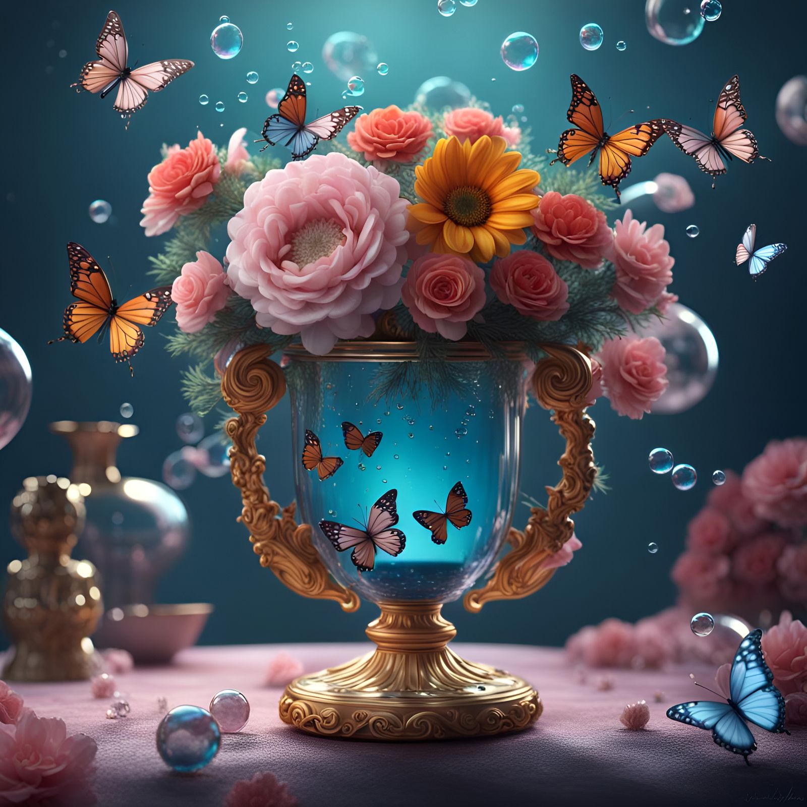 Delicate Flowers with Butterflies, Digital Art