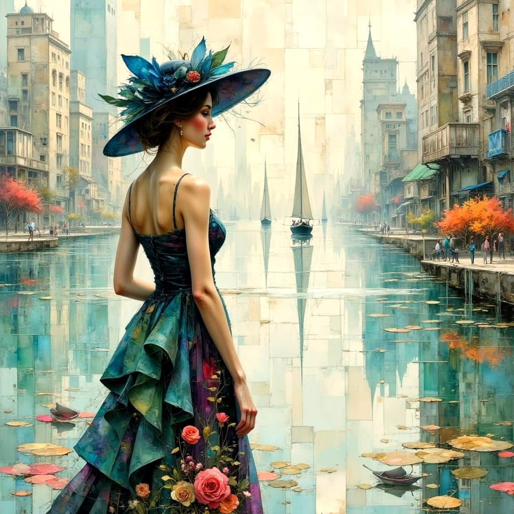 Cityscape Hat on Woman by Lake: Impasto Painting