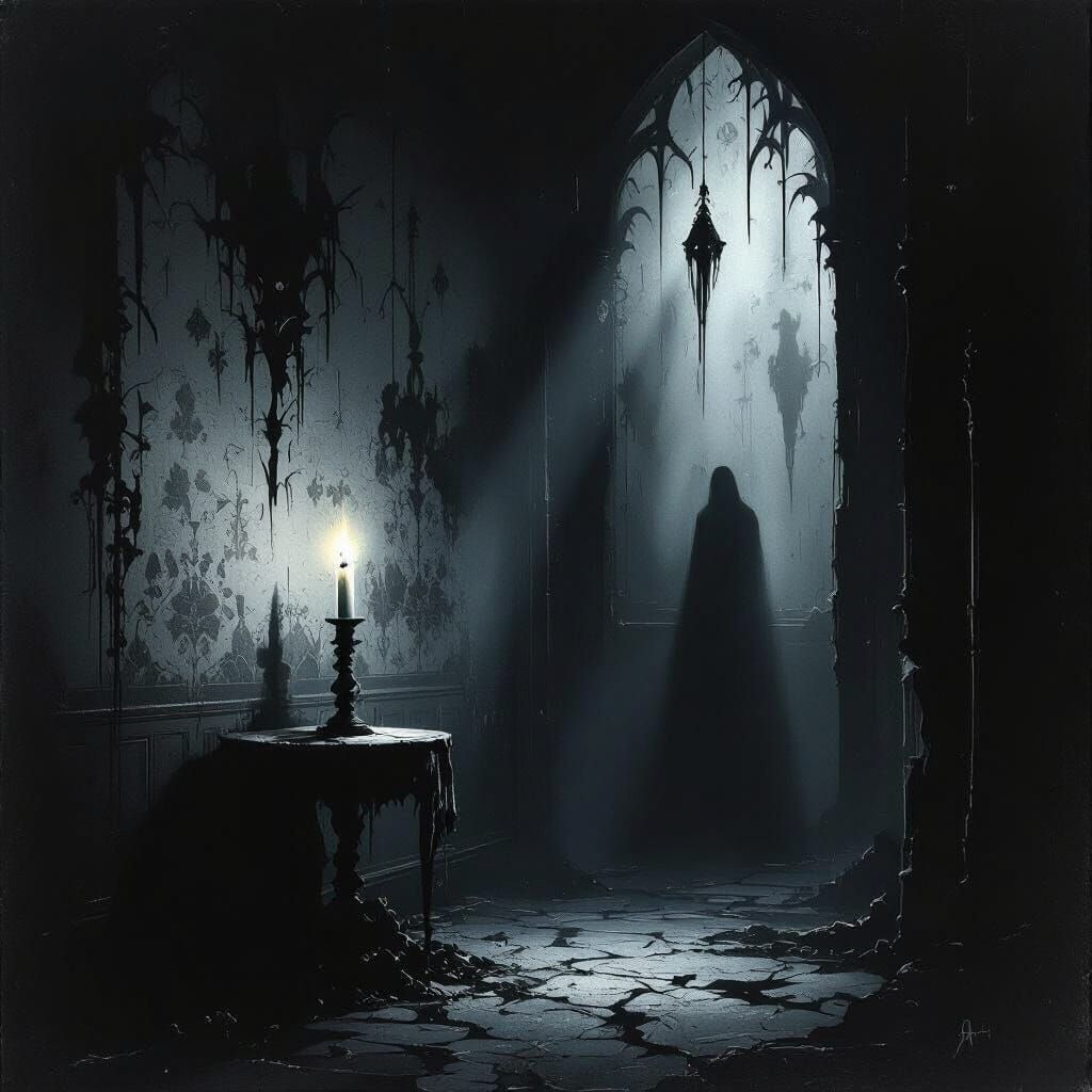 Dark Gothic Horror Chamber with Flickering Candle