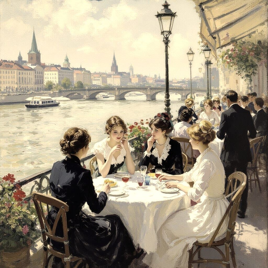 Impressionist Cafe Scene on the Seine