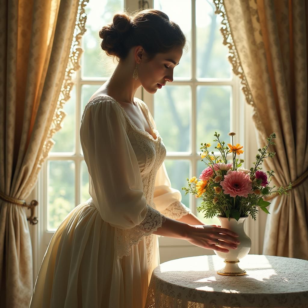 Elegant 19th Century Woman with Flowers in Sunlight