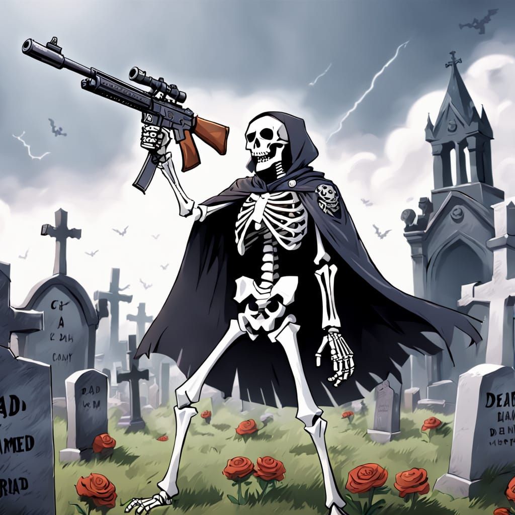 Graveyard Gunslinger Skeleton in a Grey Cape