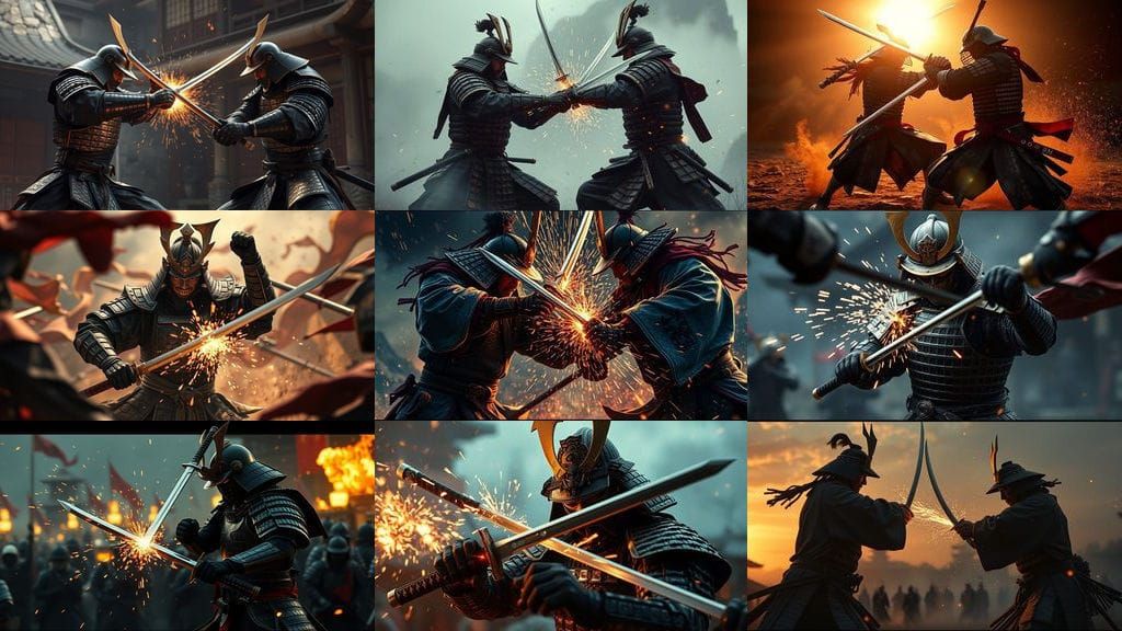 Epic Samurai Clash in Cinematic Film Style