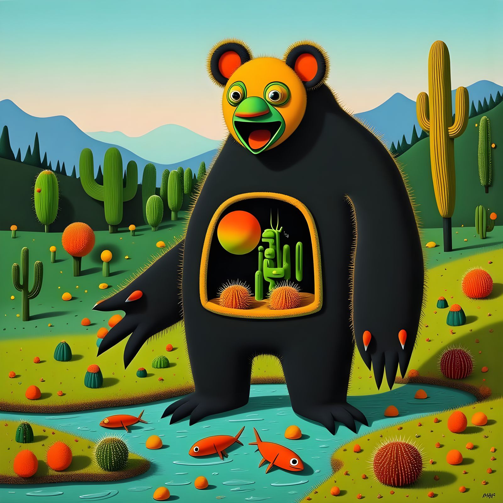 Surreal Cactus Bear Fishing in Mountain River