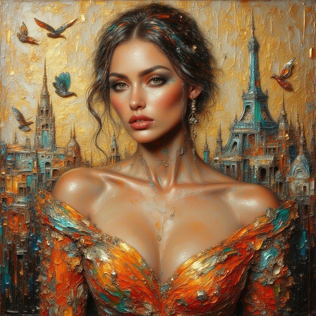 Elegant Woman in Impasto Oil Painting Style