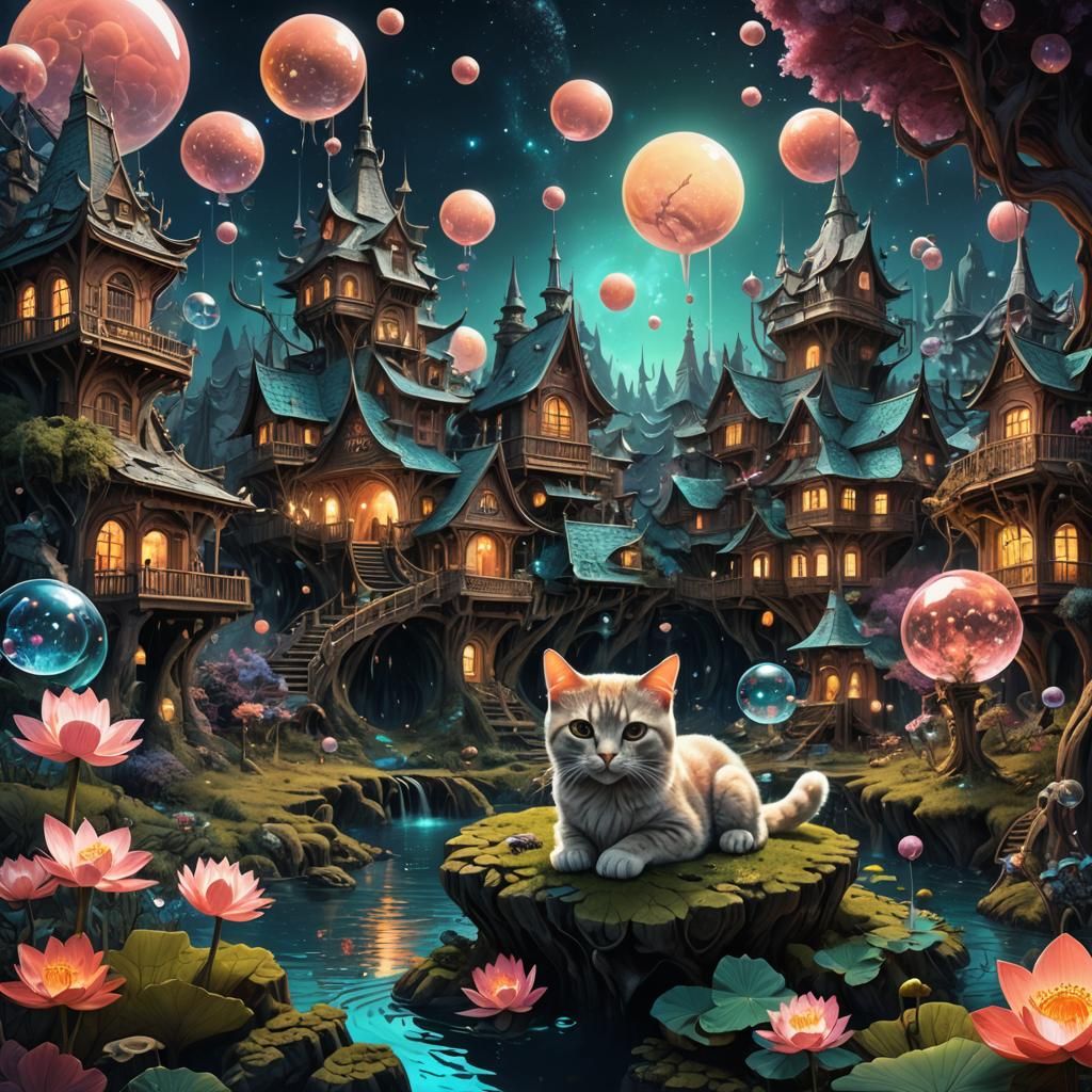 Cosmic Mandelbulb Forest Village with Cats: Digital Art