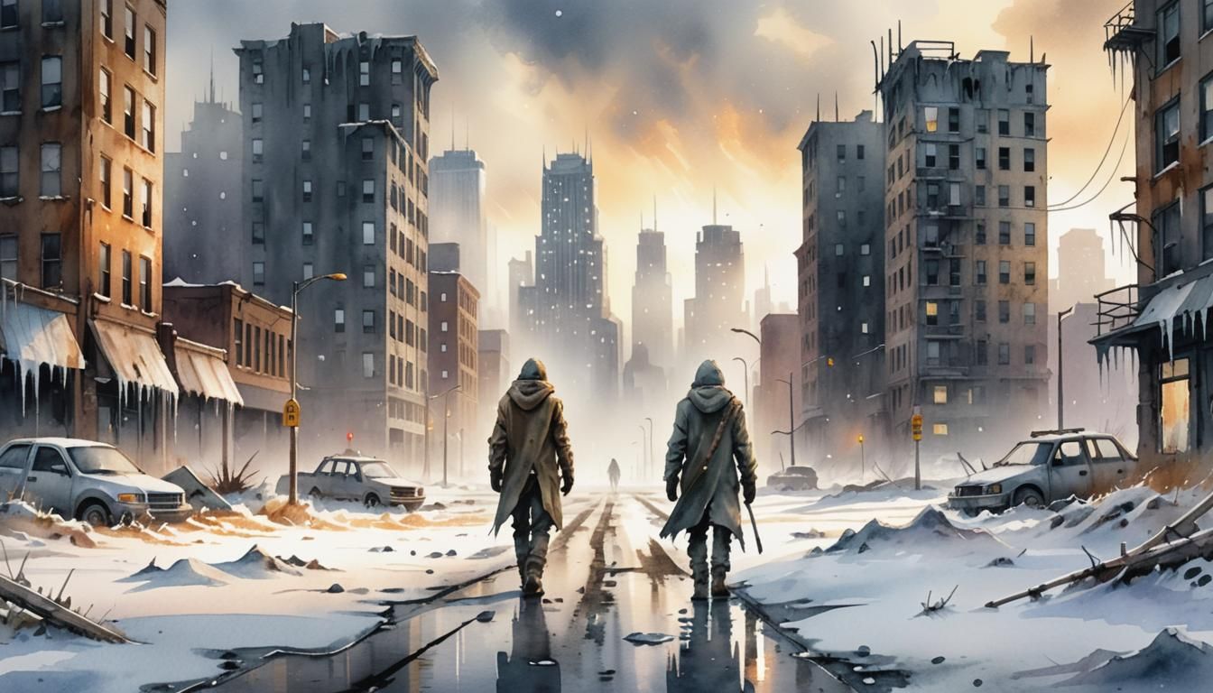 Ethereal Post-Apocalyptic Winter Scene in Whimsical Watercol...